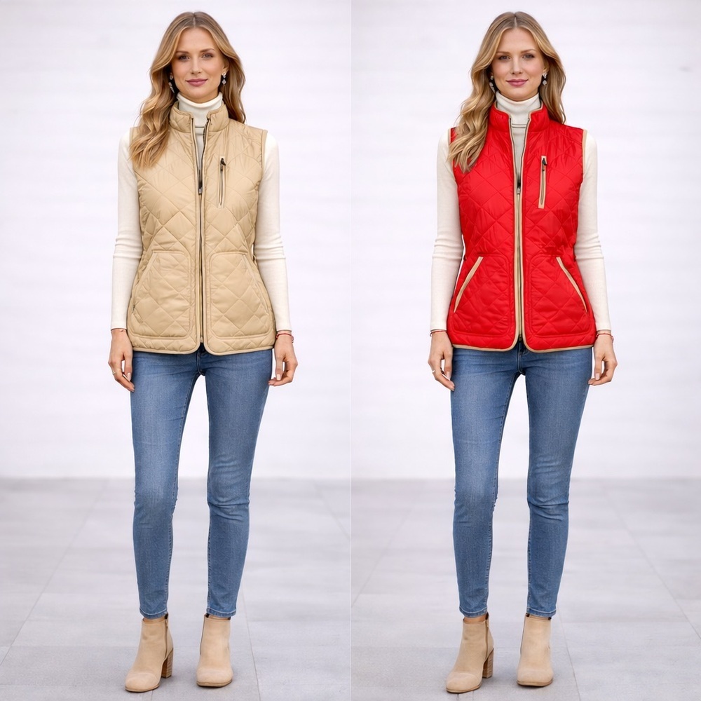 Lauren Ralph Lauren Quilted Reversible Zip Vest Coral Orange Red and Tan Small